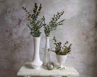 Milk Glass Vases , Set of 3 Vintage Diamond Patterned White Milk Glass Vases , Instant Vase Collection , Cottage Chic Bridal Wedding Decor