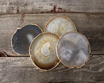 Large Gold Rimmed Natural Blue Gray and Brown Agate Slice Coasters S/4 Electroplated Geodes