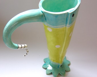 whimsical polka-dot pottery Pitcher, light turquoise & chartreuse polka-dot summer decor beach house, fresh flower vase
