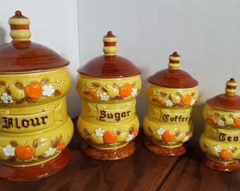 Canister Set, 4 piece Set Flour Sugar Tea Coffee Pumpkin Pear Cherry Yellow Brown