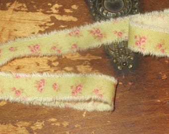 Tattered Tea Stained Fabric Ribbon Pink Petite Tiny Rosebuds on Shabby Green Rare fabric