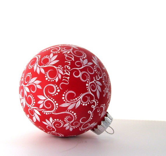 Words: Hand painted Ornament Inspirational personalized ornament wedding anniversary Wedding gift ornament first Christmas Red and white