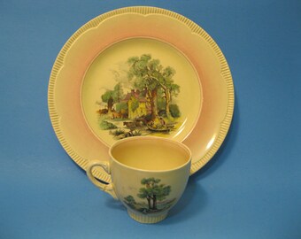 Clarice Cliff Plate and Cup, Pink Rimmed, Rural Scene, made for Newport Pottery England, 1943