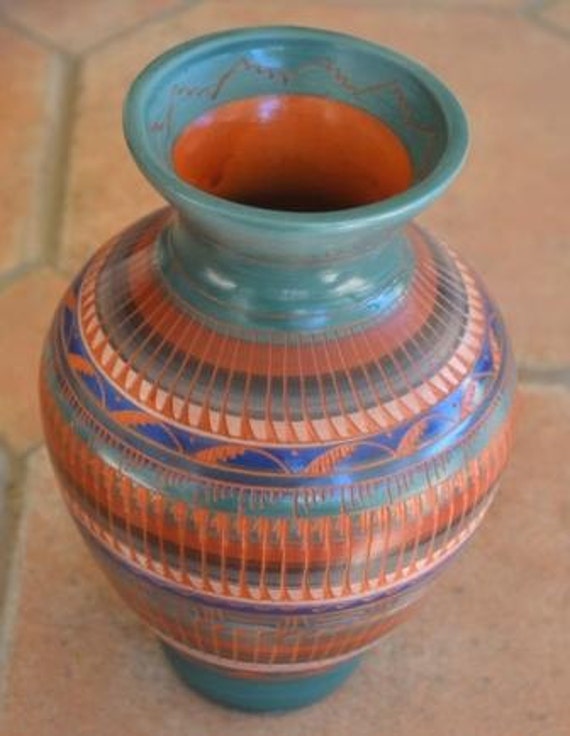 Items similar to Tall Etched Red Clay Vase, Red Clay Vase, Hand Crafted