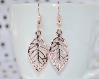 Light Rose Gold Leaf Earrings. Bridesmaid gift, fall wedding, gift for her, rose gold jewelry, leaf jewelry, drop, dangle, wife gift, Mom