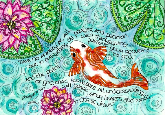 Philippians 4 6-7 Scripture Art with Koi Fish Lily pads