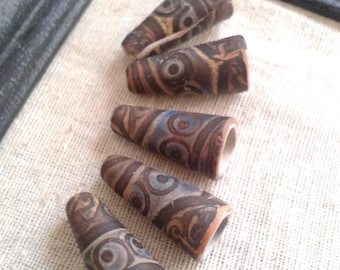 Dusty Denim Blue and Burnt Umber - Batik Cone Beads - hand painted rustic patterned cone pendants boho chic polymer clay (ready to ship)