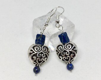 Lapis lazuli heart earrings, lapis jewelry, lapis earrings, dark blue stone earrings, silver heart earrings, blue silver heart earrings
