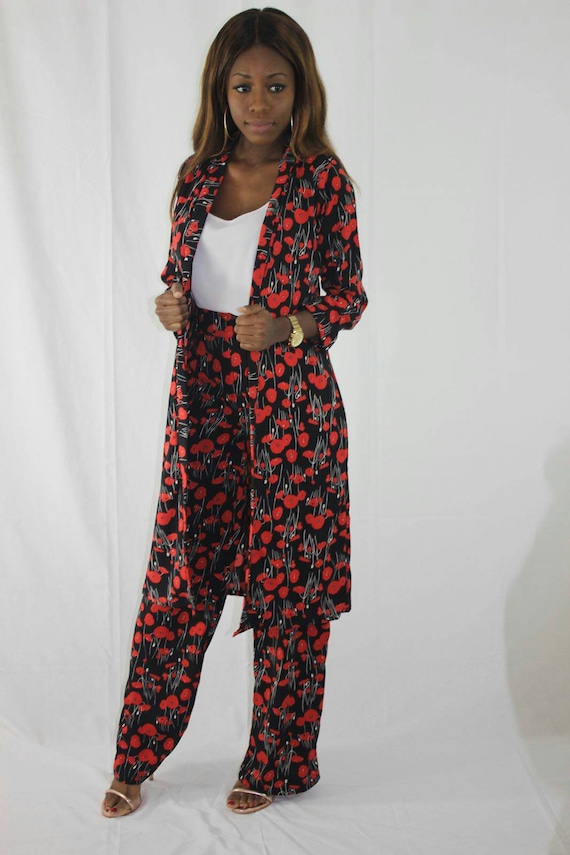 Jen Red & Black Poppy Flower/Floral Kimono Suits Set
