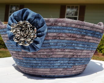 Fabric basket, Coiled rope basket, Blue and Gray fabric basket, Storage basket, Marble color basket, Homemade, Handmade, Clothesline