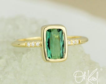 Emerald Green Tourmaline Ring - Emerald Cut Tourmaline - Bezel Set Ring