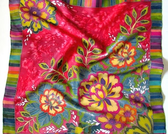 Hand painted silk scarf ' Peony''. Hand painted silk scarf. flower ornate silk scarf . Red silk scarf hand painted.Made to order