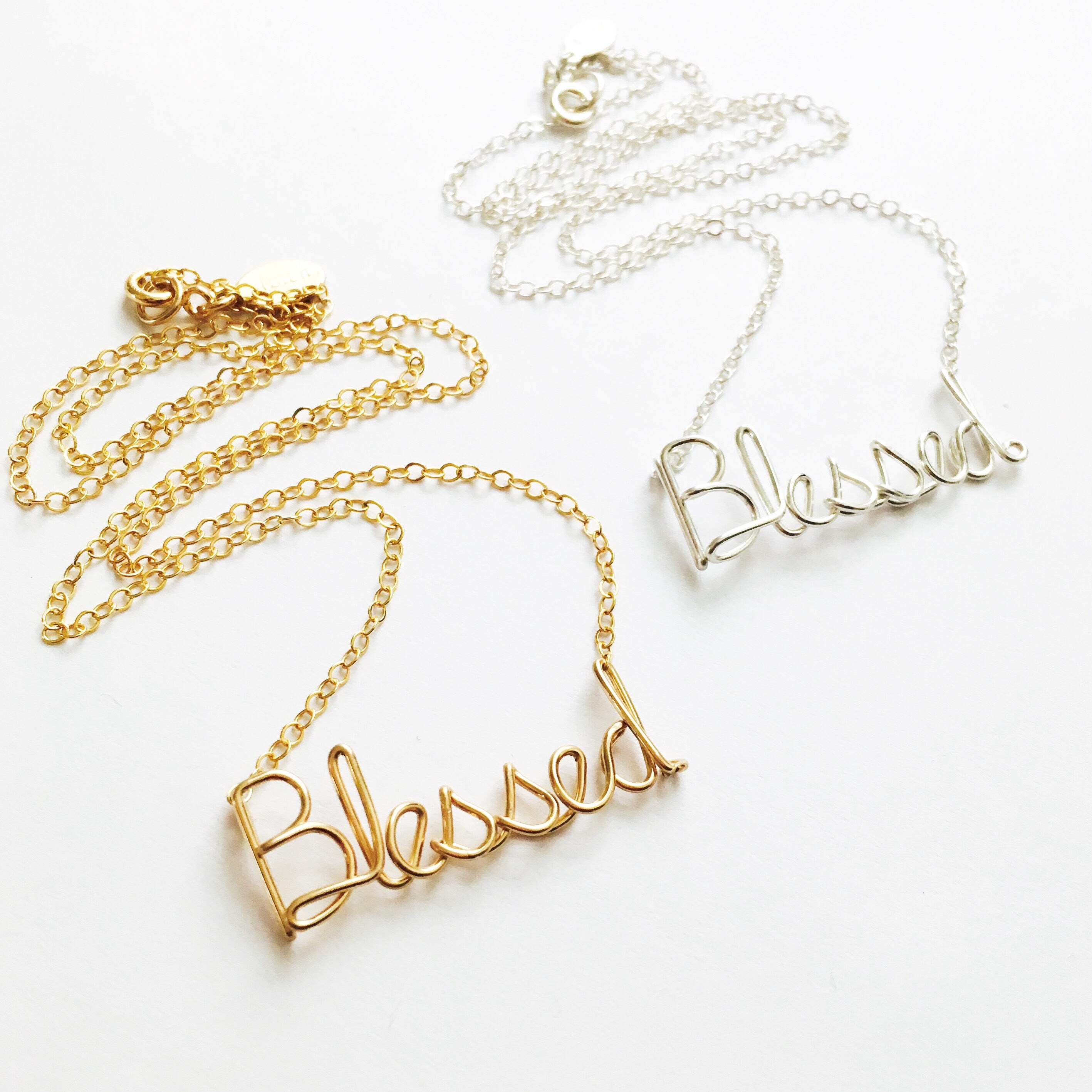 Blessed Necklace. Custom Gold or Silver Blessed Script