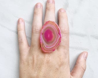 Pink Agate Ring, Gemstone Ring, Agate Slice Ring, Bohemian Ring, Adjustable Ring