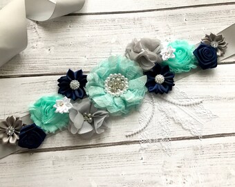Navy Turquoise Blue Maternity Sash Boy Pregnancy Sash Gender Reveal Party Baby Shower Gift Blue Navy Baby Boy Keepsake