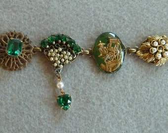 Vintage Collage Bracelet Sparkly Green made from vintage rhinestone jewelry and found items