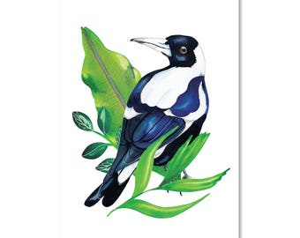 Magpie with Botanicals -Print