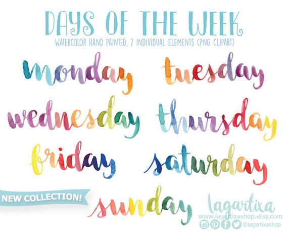 Días de la Semana Letras en Acuarela cursiva PNG Clipart