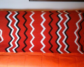 Burnt Orange, Brown, White Afghan, 70s Chevron Afghan in Vibrant Orange, Brown and White