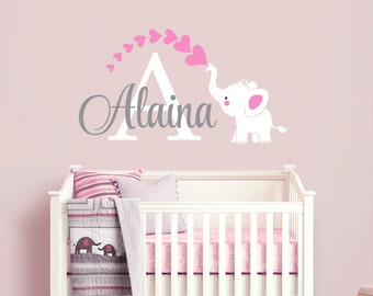 Elephant Custom Name Personalized Initial Wall Decal Sticker for Nursery, Girl's Room or Playroom, Nursery Monogram