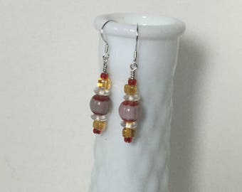 Artistic milifiore and glass beaded drop earrings, sterling silver