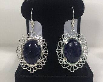 BEAUTIFUL Blue Sodalite Earrings Earrings Sterling Silver Drop Dangle Jewelry Gift Cut Filigree Earrings Gemstone 2" Trending Jewelry Gift