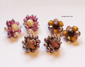 Vintage Cluster Bead Earrings, Clip On Earrings, Vintage Earrings Lot