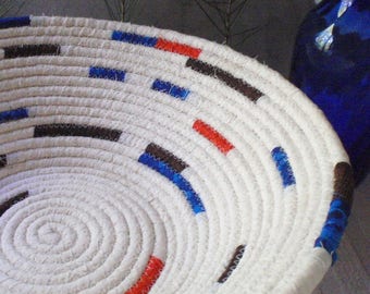 Cream, Orange, Blue and Brown Coiled Fabric Basket - - Organizer, Storage, Handmade by Me