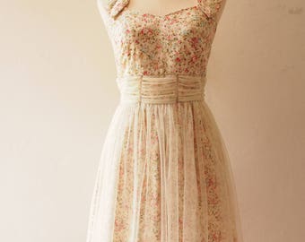 FAIRY ROMANCE - Cream White Tulle Dress A Line Party Dress Vintage Rustic Wedding Dress Vintage Floral Dress Floral Sundress -Size XS,S