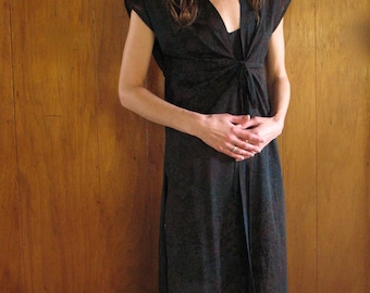 70s BLACK FLORAL sheer tie midi dress xs s m