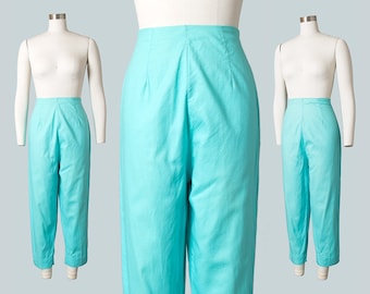 Vintage 1950s Capris | 50s Turquoise Blue Cotton High Waisted Cigarette Pants (small/medium)