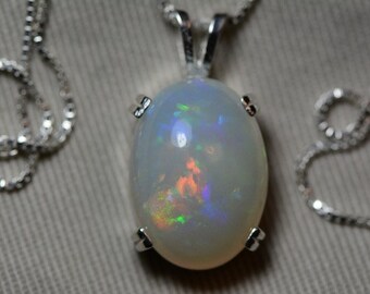 Opal Necklace, 6.93 Carat Solid Opal Pendant Appraised at 2,100.00, Sterling Silver, Blue Purple Green Yellow Patchwork Flash Pattern