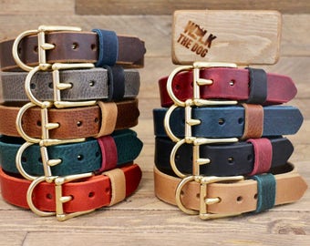 Dog collar, Leather dog collar, FREE ID TAG, Handmade leather collar, Brass hardware, Pet supplies, Colourful collars, Red collar.