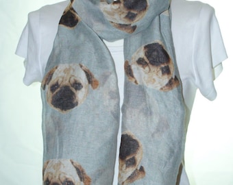Grey pug dog print scarf, Beach Wrap, Cowl Scarf, pug print scarf, cotton scarf, gifts for her