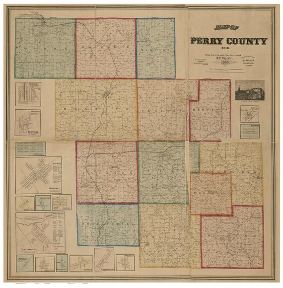 Perry County Ohio 1859 Old Wall Map Reprint with Homeowner