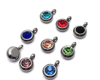 No tarnished 10/50pcs 6.5mm Stainless Steel Round Crystal Birthstone Charms Framed Settings Bead Dangles Necklace Charms