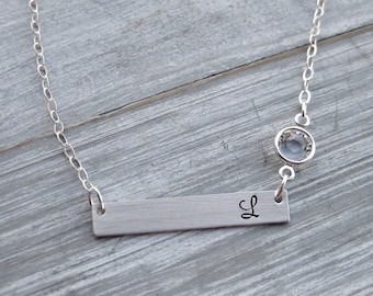 Sterling Silver Bar Necklace Birthstone Jewelry Personalized Jewelry Horizontal Bar Hand Stamped Initial Necklace Teen Gift Birthday Gift