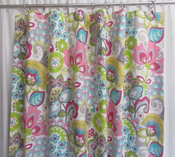 Items similar to Pink Aqua Curtain Panels, Modern Floral Drapes, Floral ...