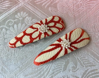 Japanese Silk Vintage Kimono Fabric - 2 Hair Snap Clips - Red - Beads