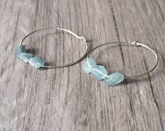 Raw Aquamarine Earrings - Raw Crystal Earrings - Silver Hoop Earrings - Rough Aquamarine Earrings - Natural Aquamarine Earrings