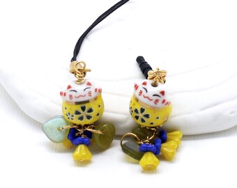 Maneki Neko Phone Charms - Sunny Yellow Happy Cat, Lucky Cat Bead, Headphone Jack Dust Plug, Lanyard or Swivel Clasp for a Purse Charm