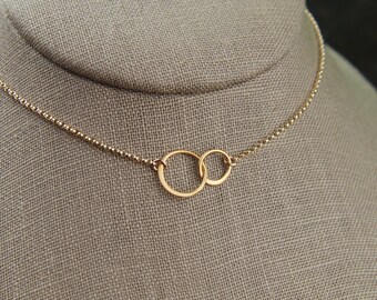 Small gold entwined circles and gold filled necklace, linked circles, gold rings, gold circle necklace, interlocking circles, mother's day