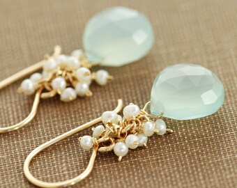 Seafoam Chalcedony Seed Pearl Earrings, Handmade Gold Dangle Earrings with Pearl Clusters, March Birthstone Jewelry, aubepine