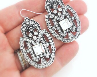 Art Deco Earrings - Statement Earrings - Crystal Earrings - Antique Silver Earrings - Bridal Earrings - Bridesmaid Earrings