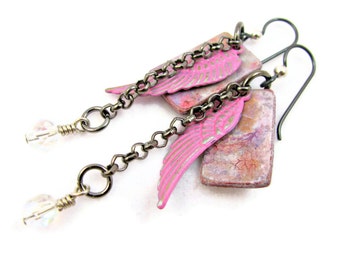 Love & Grace - Wing Inspirational Dangle Earrings - Altered Metal Polymer Clay Mixed Media Boho Hippie - Pink Gunmetal Silver