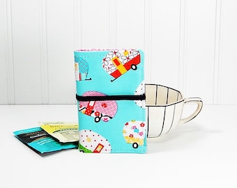 Tea wallet with campers - fabric teabag caddie - tea bag case - 4 pockets - gift for tea drinker - gift for camper