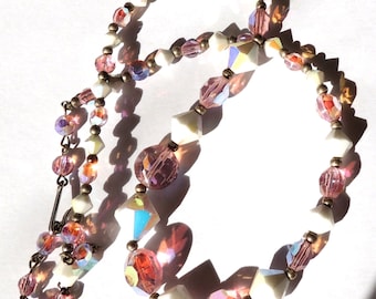 Crystal Vintage Necklace Aurora Borealis Pink White Vintage Jewelry