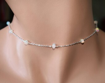 Opal Necklace, Tiny Opal Choker Necklace, Silver Choker, October Birthstone Necklace, Tiny Stone Necklace, Ethiopian Welo Fire Opal Necklace