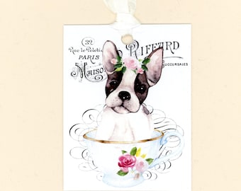 Dog Gift Tags, Boston Terrier, Dog in a Tea Cup, French Tags, Wtercolor Tags, Dog Tags