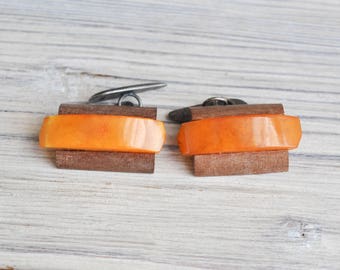 Vintage Genuine butterscotch egg yolk Baltic Amber 875 Silver and Wood Cuff Links.